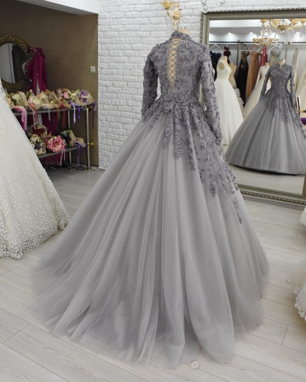 Robe de soirée grise à manches longues, tenue de cérémonie, fg2649