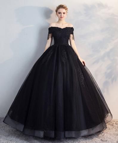 Black Off Shoulder Lace Tulle Long Prom Dress, Black Evening Dress fg2629