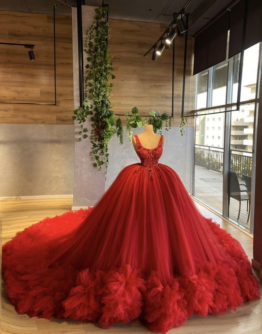 Robe de bal rouge, robe longue en tulle, coupe trapèze, robe tendance fg1027