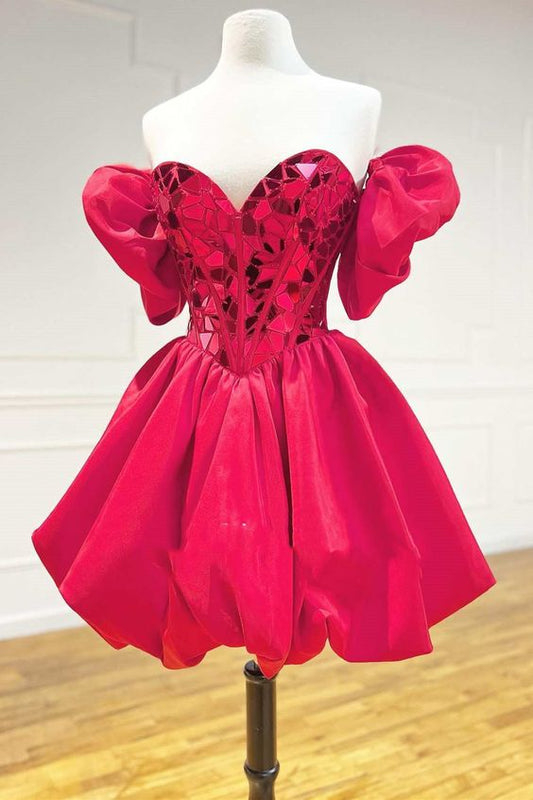 Robe de cocktail trapèze rouge à manches bouffantes, coupe miroir, sans bretelles, courte, robe de bal fg1527