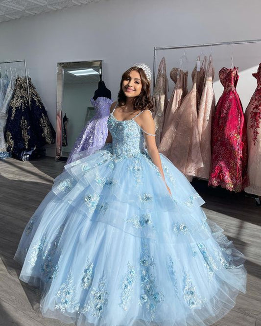 Robe de bal bouffante, robe de bal bleue, robe de bal en tulle, robe de bal perlée, robe de bal de quinceanera fg2061