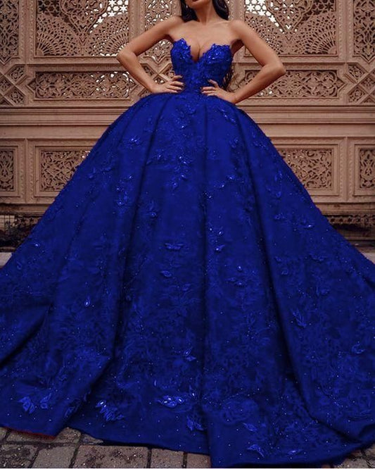 Robe de bal en dentelle bleu royal, robe de bal, décolleté en cœur, corset, fg2447