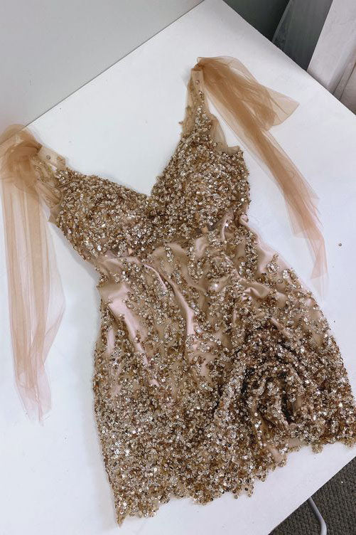 Robe de soirée courte à paillettes, coupe trapèze, col en V, robe moulante fg1418