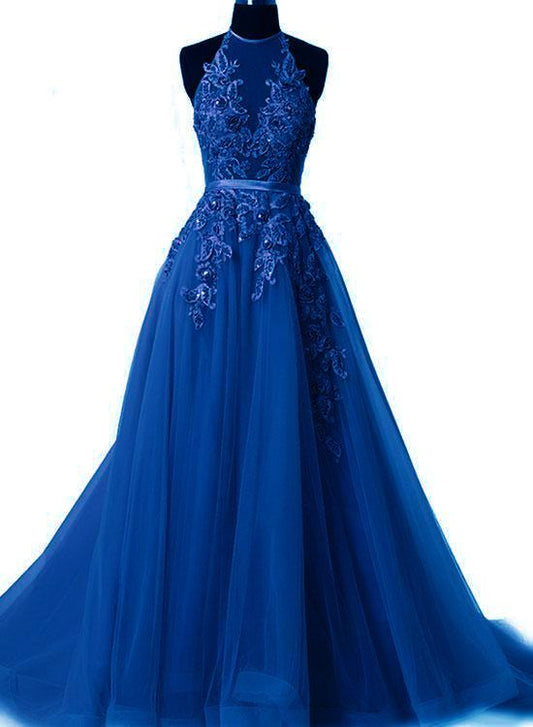 Robe de soirée en tulle bleu roi à dos nu, jolie robe de bal bleue faite main fg1816