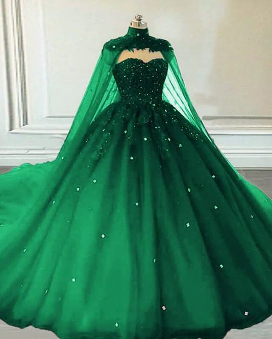 Kristalle Ballkleid Smaragdgrün Quinceanera Kleider Mit Cape fg2338