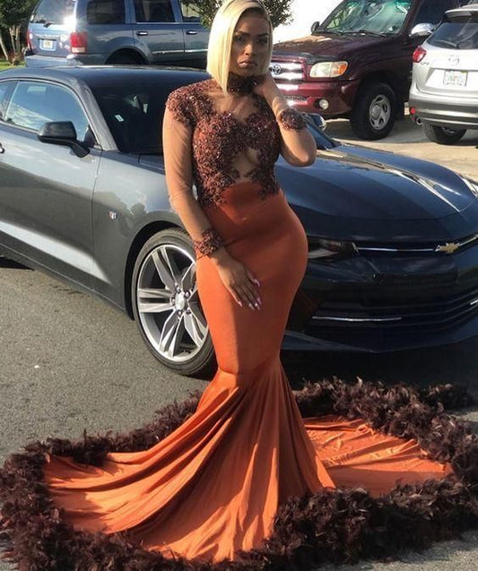 Robe de bal longue unique à manches longues, robe de soirée avec plumes fg1056