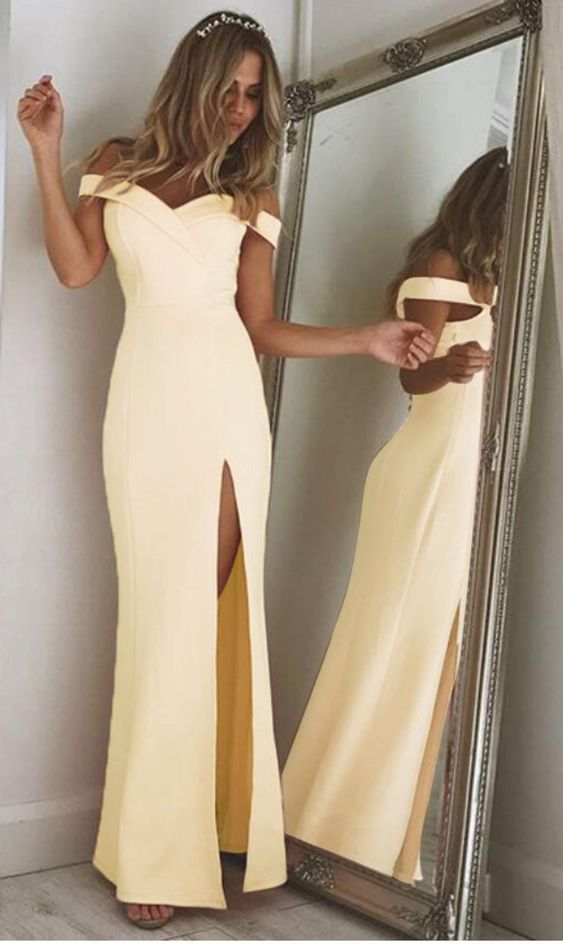 yellow off shoulder folded sweetheart split maxi dress fg1554
