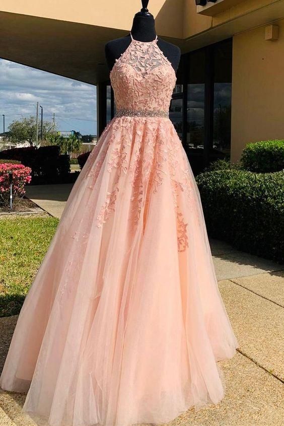 halter A-line pink tulle and lace appliques long prom dress fg1096