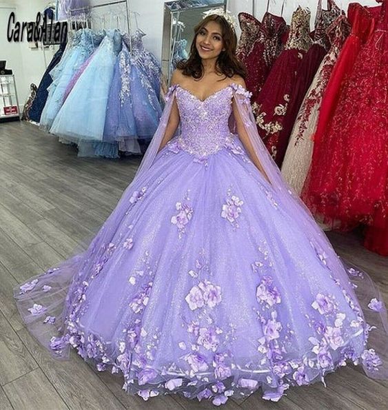 Light Purple Quinceanera Dresses With Cape 3D Floral Applique Ball Gow formalgowns Light Purple Quinceanera Dresses With Cape 3D Floral Applique Ball Gow formalgowns