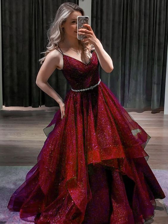 Magnifique robe de soirée longue rouge vin à bretelles en tulle, robe de bal longue bordeaux fg1091