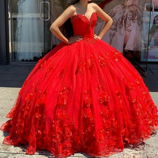 Robe de bal rouge, robe de bal, robes de Quinceanera, fleurs 3D, corset princesse, dos nu, robe de bal princesse, Sweet 16, fg1213