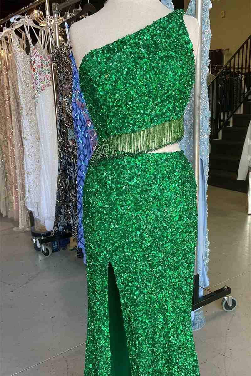Green Two Piece Sequined One Shoulder Long Party Dress with Tassel fg1531