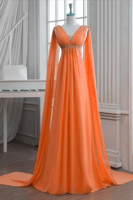 Robe de bal longue orange en mousseline de soie, col en V, sans manches, taille empire, robe de soirée fg1553