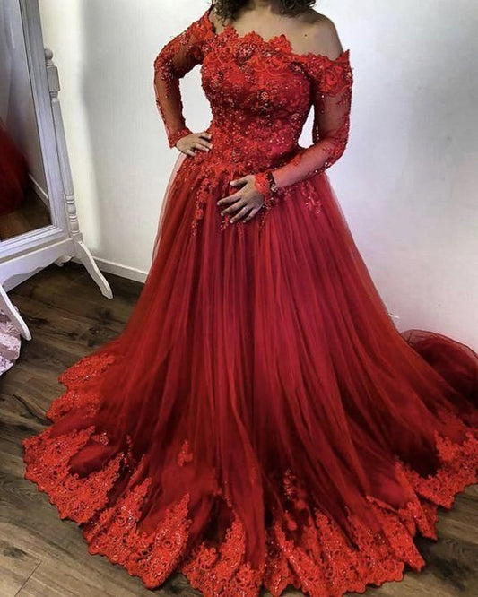 Robe de bal princesse en tulle rouge à épaules dénudées fg2499