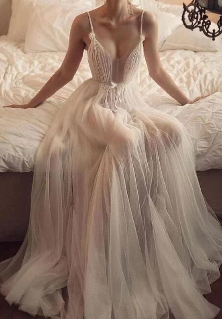 Simple champagne tulle long prom dress fg1655