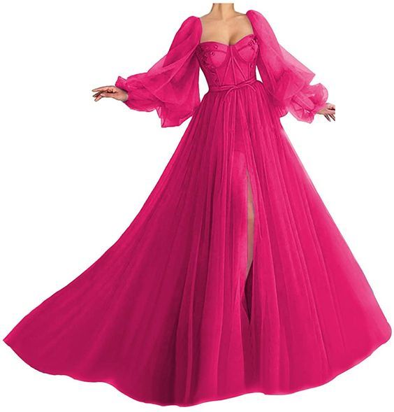 Puffy Sleeve Prom Dress Sweetheart Tulle Ball Gown A Line Princess Wedding Formal Evening Gowns with Split fg2481