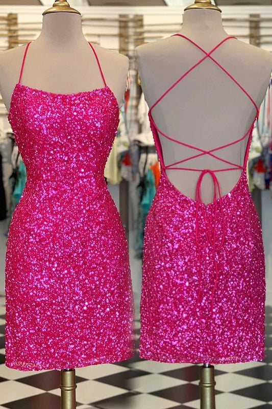 Robe de soirée moulante rose fluo à sequins fg1555