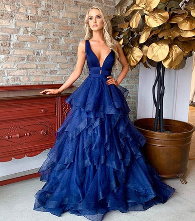 Robe de bal longue en tulle bleu à col en V, robe de soirée bleue fg2502