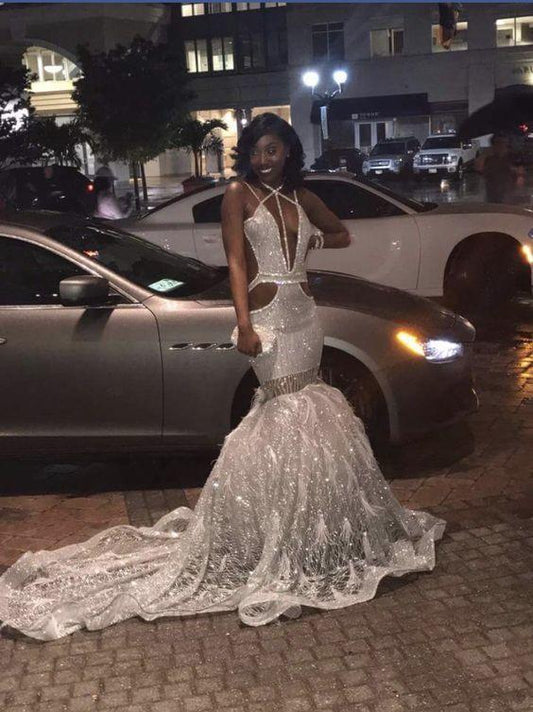 Robe de bal sexy à paillettes et décolleté en V profond fg1066