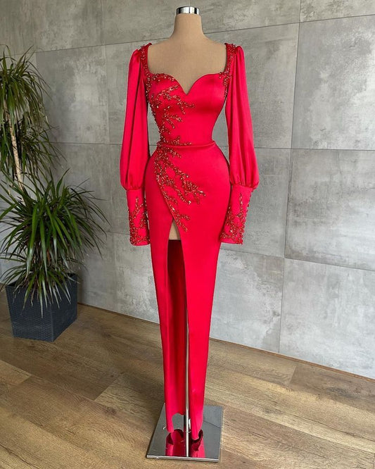 Robe de bal rouge à manches longues fg3317