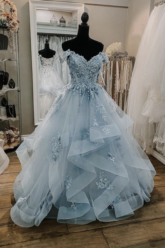 Blue Tulle Lace Long Ball Gown Dress Blue Evening Dress fg3279