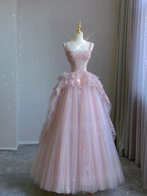 pink and white lace prom dress Rose Pink Spaghetti Strap Prom Dresses White Lace Appliqued Formal Dre Viniodress