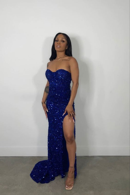 Robe de bal longue sirène bleu roi, robe de soirée tendance fg3335