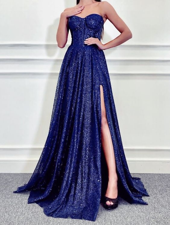 Blaues langes Partykleid, trägerloses Abendkleid fg3289