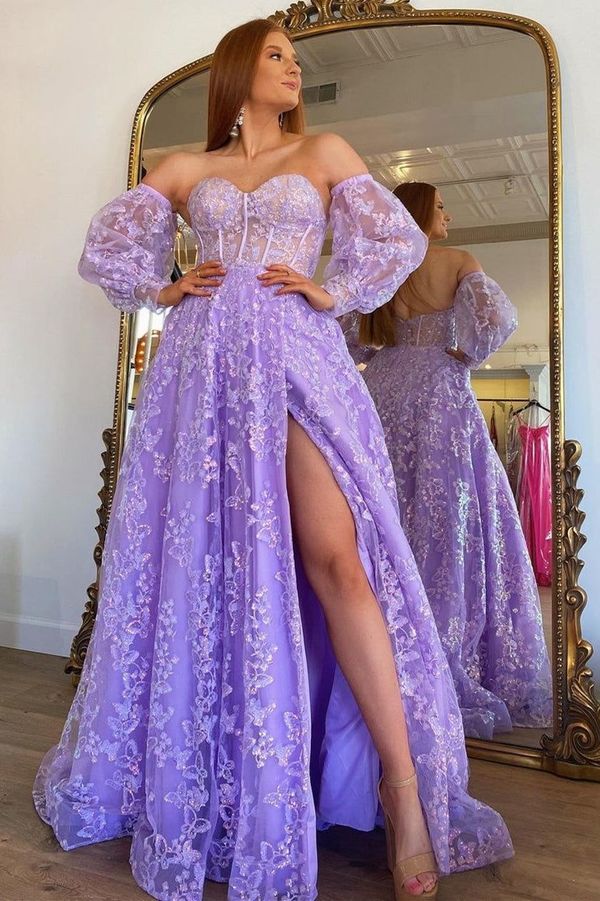 Sparkle Princess Lavender Bustier Puffy Sleeves Lace Long Prom Gown fg3266 Sparkle Princess Lavender Bustier Puffy Sleeves Lace Long Prom Gown fg3266