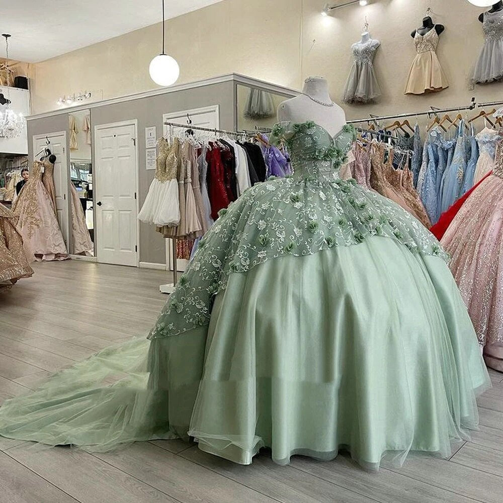 Mint Green Floral Lace Handmade Flowers Quinceanera Dresses lace-up corset Off Shoulder Tiered Corset For Sweet 15 Girls Party fg3247