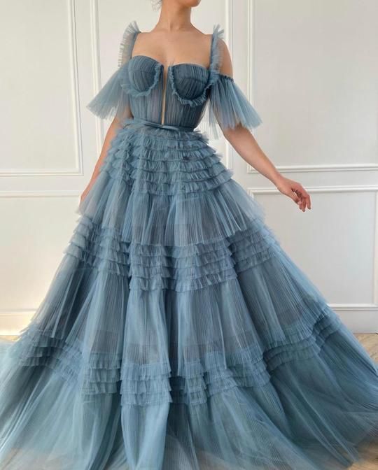 Robe longue en tulle bleu poudré à volants, robe de bal en tulle, jupe à volants fg3271