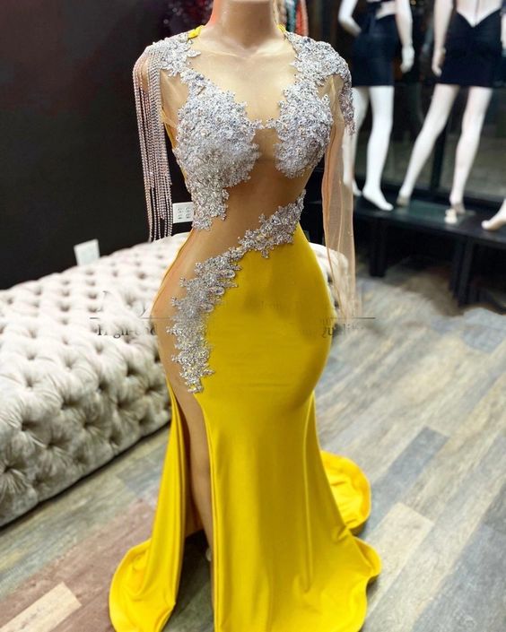 Yellow prom dresses, tassel prom dress, side slit evening dresses, ara formalgowns Yellow prom dresses, tassel prom dress, side slit evening dresses, ara formalgowns
