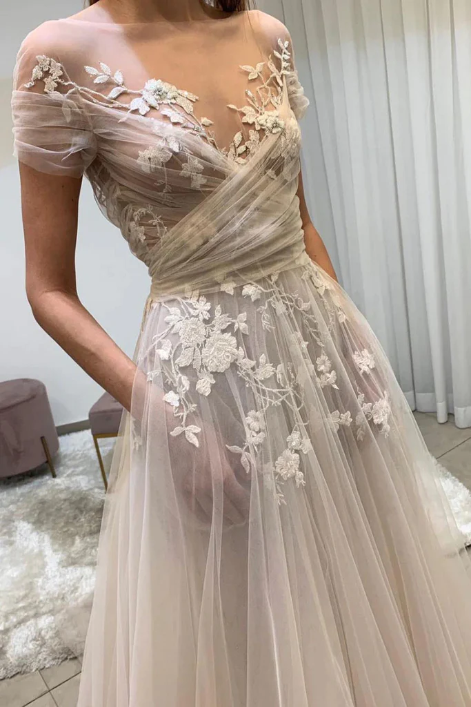 prom dress sheer neckline Sheer-Corset Cowl-Neck Long Prom Dress BZ020 Almond / 2