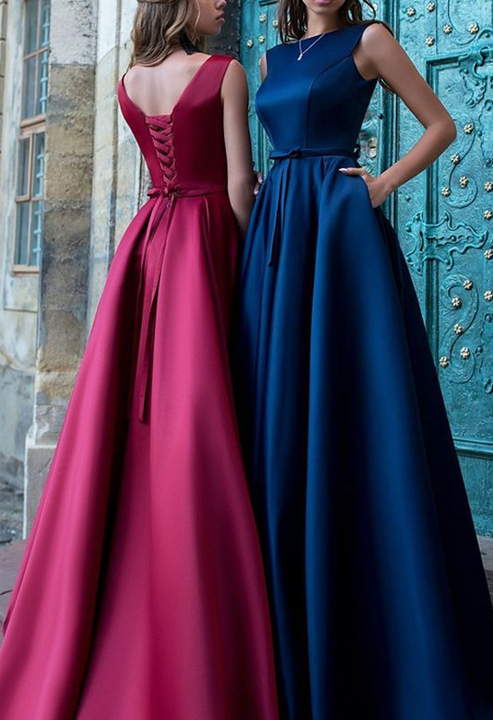 Superbe robe de soirée/bal de promo trapèze en satin avec décolleté bateau et ceinture fg1672