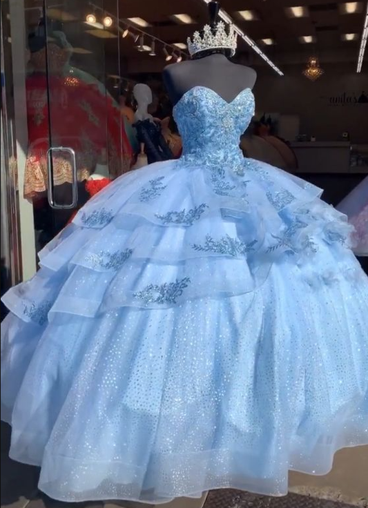 Robe de bal bouffante, robe de bal bleue, robe de bal en tulle, robe de bal perlée, robe de bal de quinceanera fg2058