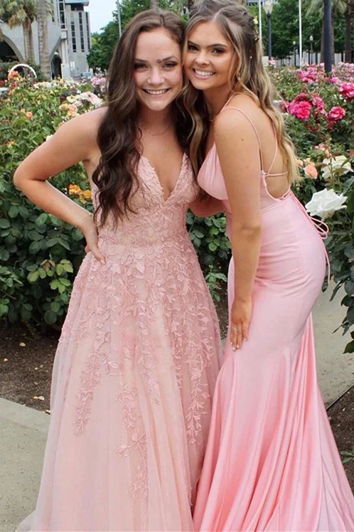 A-Line V-Neck Sleeveless Spaghetti Straps Light Blue Lace Long Prom Dresses fg3089