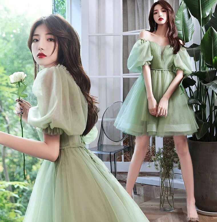 Green Puff Sleeve V-Neck Short Women Evening Dress Homecoming Dress fg1072