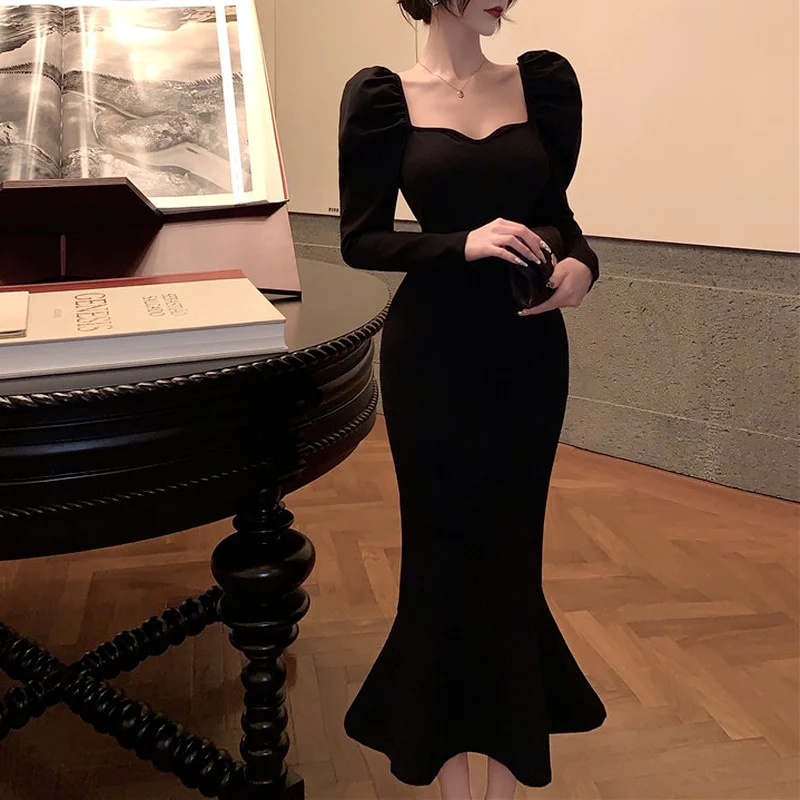 Elegant Mermaid Black Long Dress Women Korean One Piece Vintage Gothic formalgowns Elegant Mermaid Black Long Dress Women Korean One Piece Vintage Gothic formalgowns