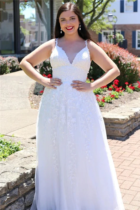 A-Line V-Neck Sleeveless Spaghetti Straps Light Blue Lace Long Prom Dresses fg3089