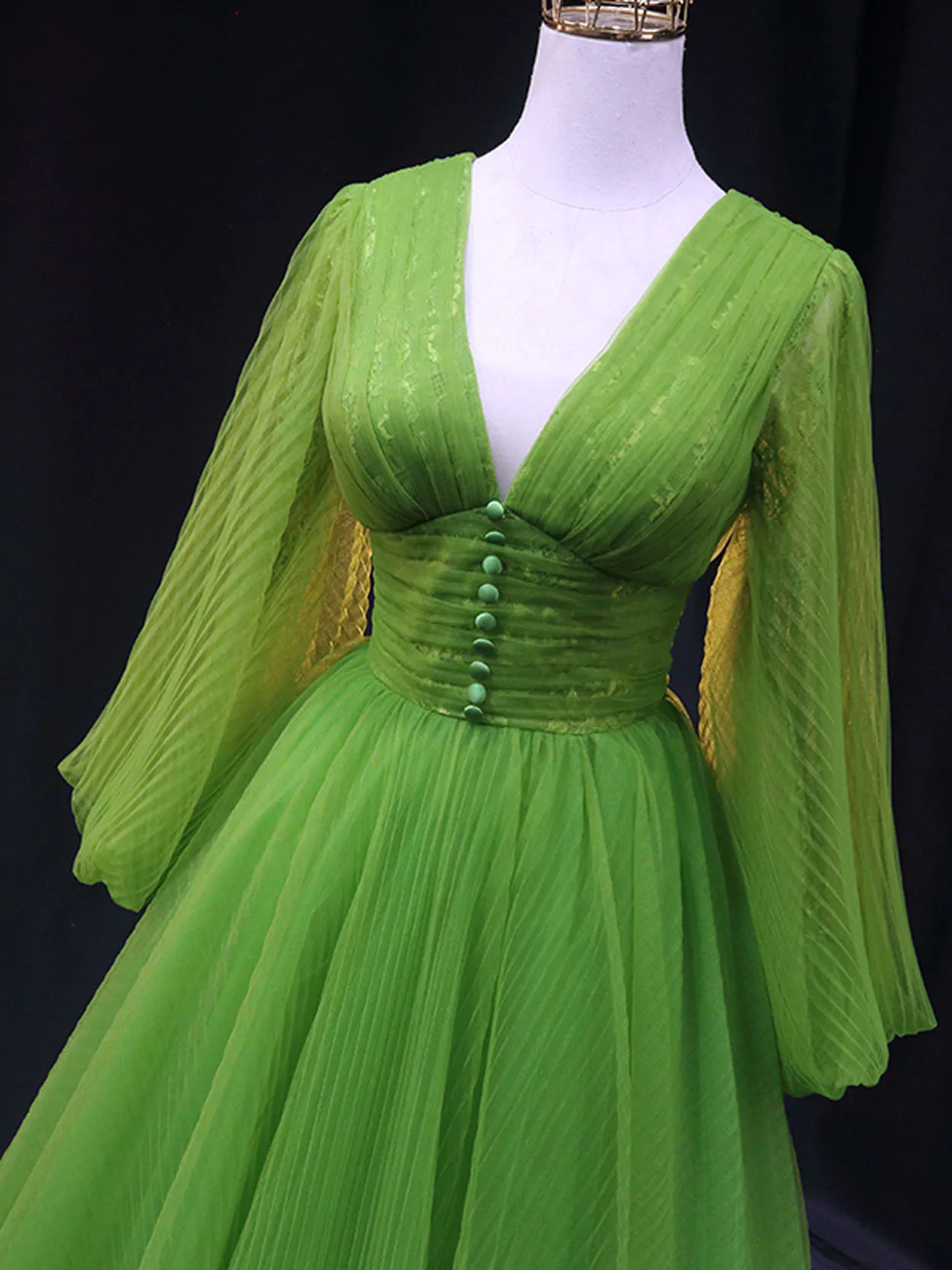Grünes langes Ballkleid in A-Linie, V-Ausschnitt, grünes langes Abendkleid aus Tüll fg2229