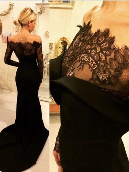 Mermaid Long Sleeves Off-the-Shoulder Sweep/Brush Train Lace Elastic Woven Satin Dresses fg2549