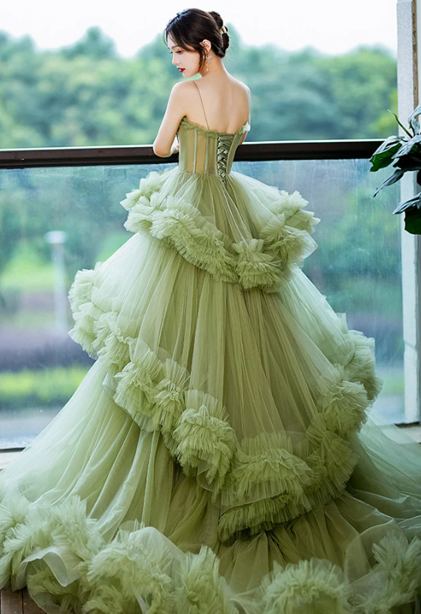 Princess Spaghetti Straps Green Tulle Long Dress A Line Tiered Formal Dress fg1413