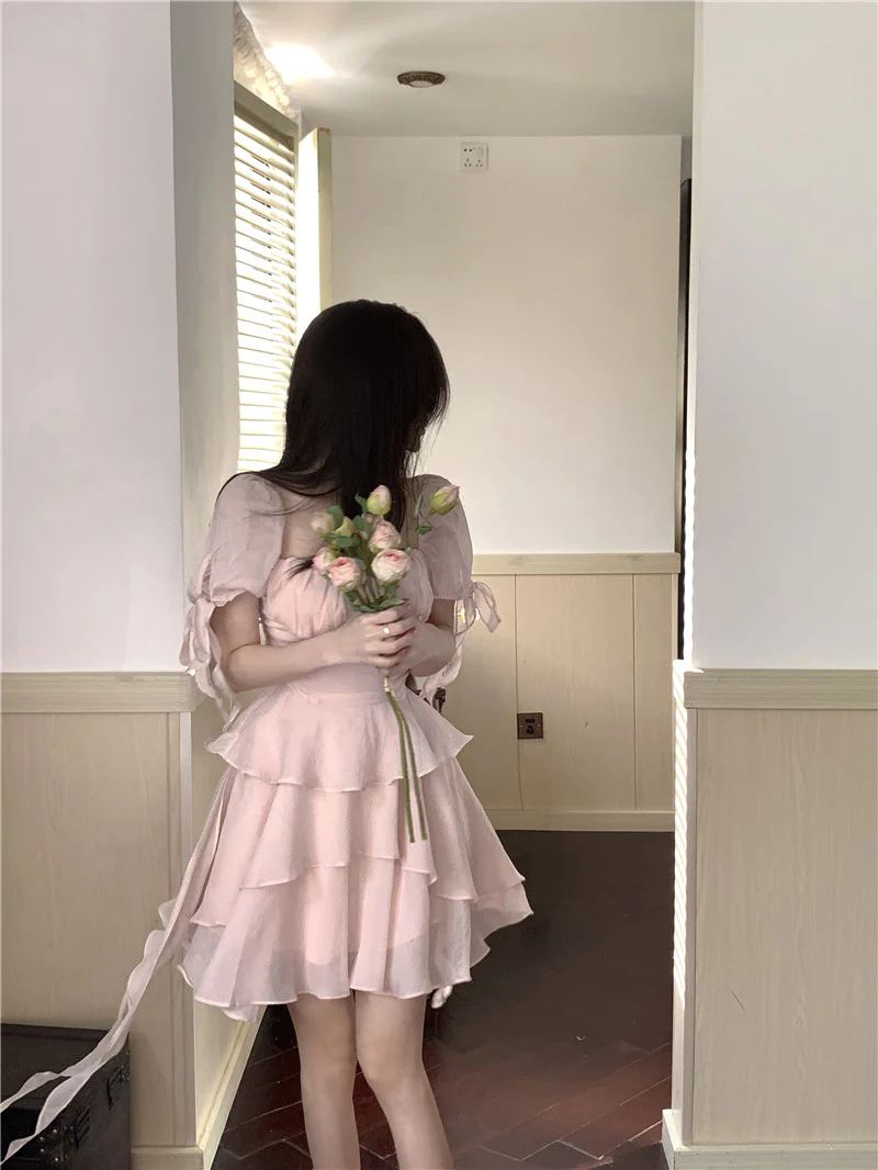 Robe d'été à volants et manches bouffantes, col carré uni, robe de soirée pour femme, fg2740