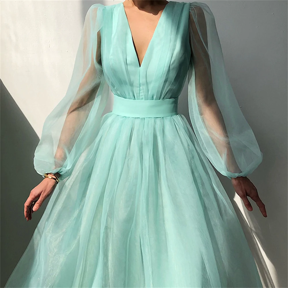 Robe de bal courte trapèze, col en V, manches longues bouffantes, tulle, robe de soirée formelle pour mariage, remise de diplôme, fg2854