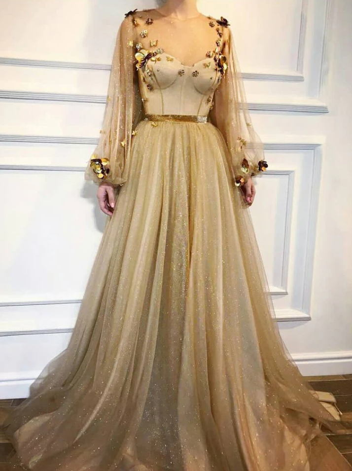Chic Prom Dresses,A-Line Prom Dress,Scoop Prom Dresses,Long Sleeve Prom Dress,Gold Prom Dresses,Long Prom Dress fg1802