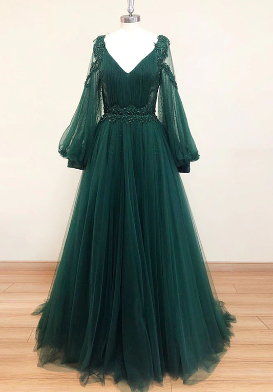 Grünes langes Ballkleid aus Spitze in A-Linie mit V-Ausschnitt, grünes Abendkleid aus Tüll fg1007