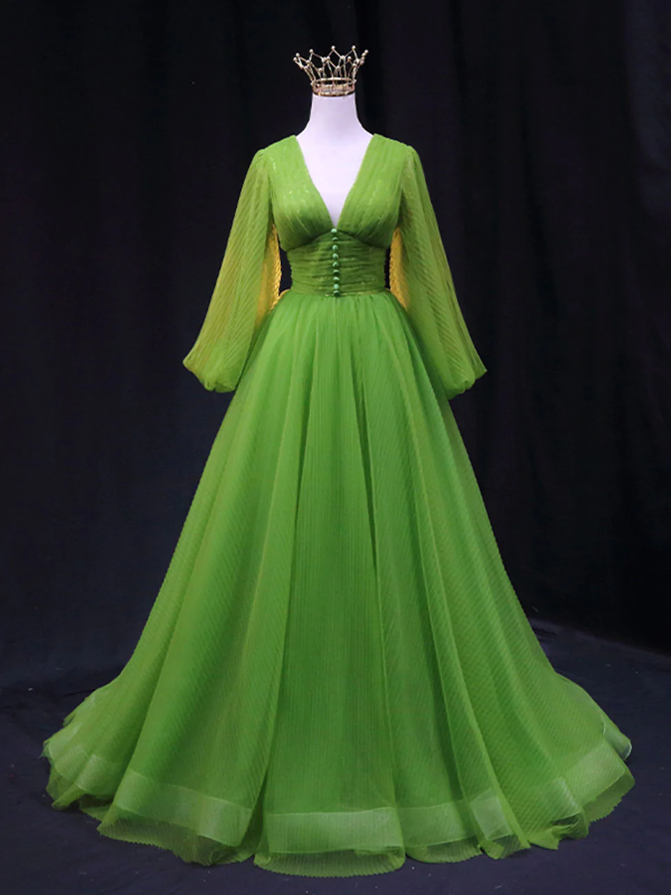 Grünes langes Ballkleid in A-Linie, V-Ausschnitt, grünes langes Abendkleid aus Tüll fg2229