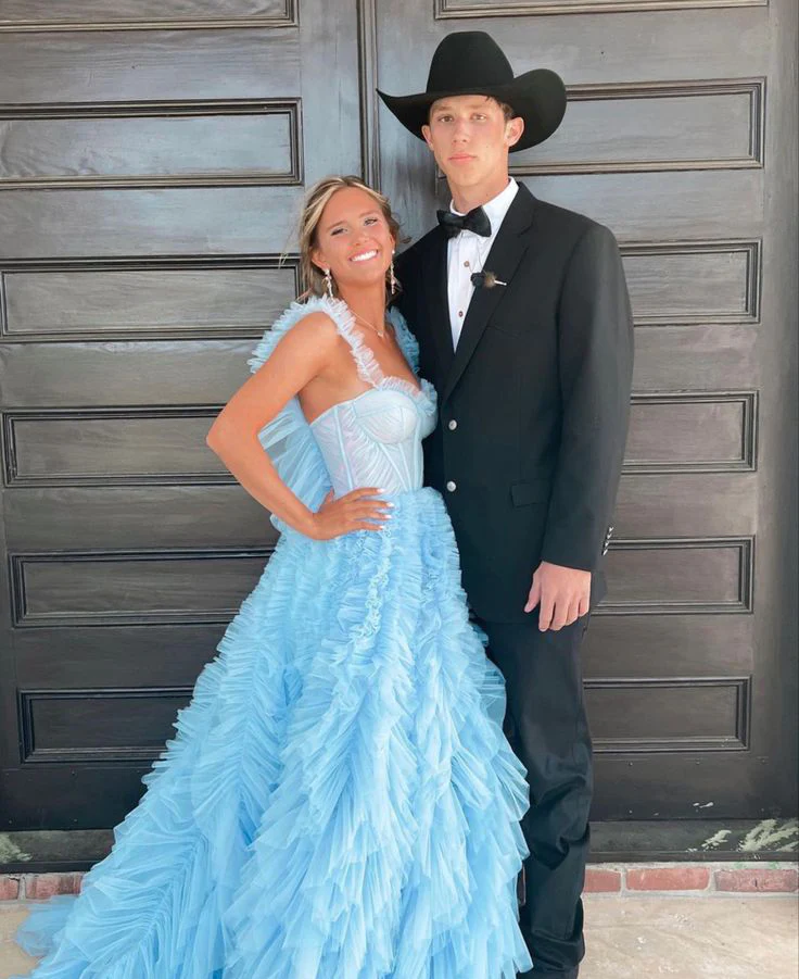 Light Sky Blue Tulle Princess Ruffle Straps With Tiered Long Prom Dress fg3101