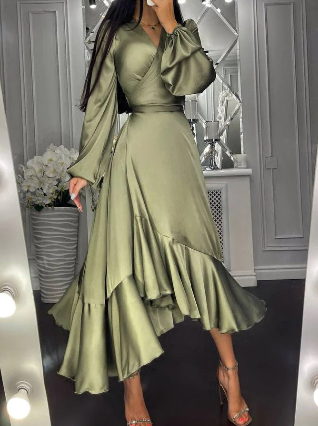 Women's Dresses Solid Long Sleeve Ruffle Slim Fit Dress fg1515