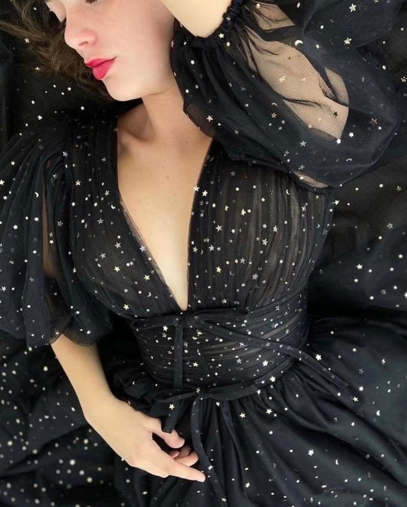 Black Tulle lace dress Black Dress Womens glitter Dress V-neckline Puff Sleeve Party Dress fg2974